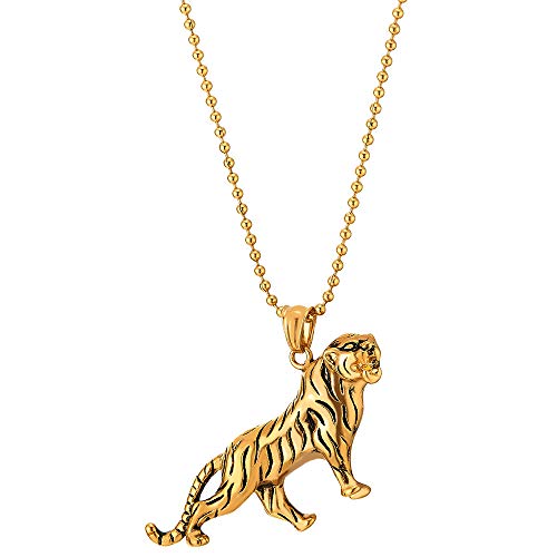 COOLSTEELANDBEYOND Mens Womens Stainless Steel Roaring Tiger Pendant Necklace, Gold Black, 30 inches Ball Chain, Unique - coolsteelandbeyond