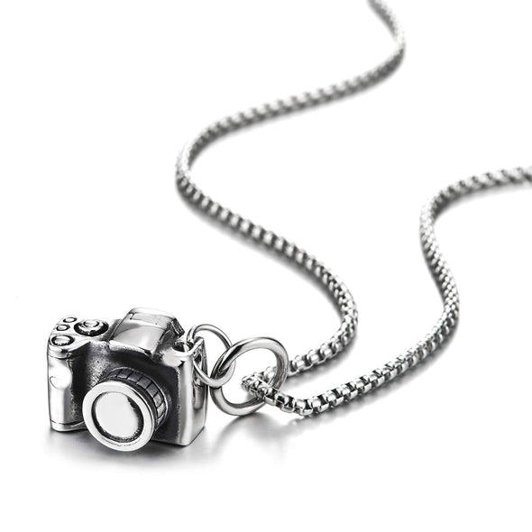Mens Womens Stainless Steel Vintage Camera Pendant Necklace with 30 inches Wheat Chain, Unique - COOLSTEELANDBEYOND Jewelry