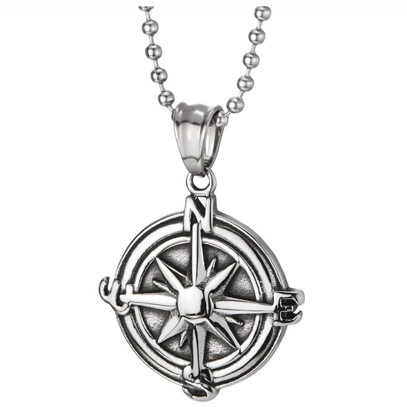 Mens Womens Stainless Steel Vintage Compass Circle Medal Pendant Necklace, 23.6 inches Ball Chain