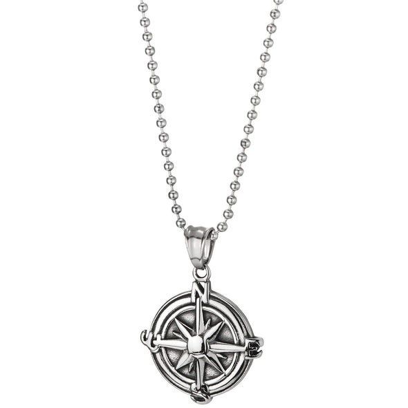 Mens Womens Stainless Steel Vintage Compass Circle Medal Pendant Necklace, 23.6 inches Ball Chain