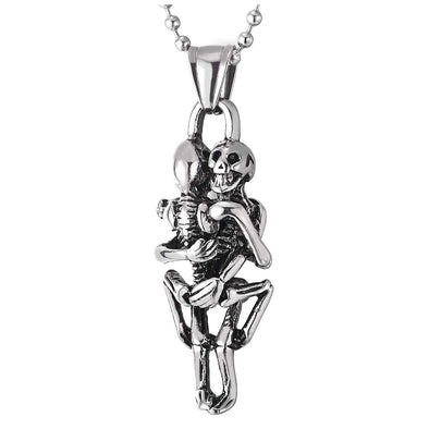 Mens Womens Stainless Steel Vintage Hugging Skull Skeleton Pendant Necklace, 23.6 inches Ball Chain - COOLSTEELANDBEYOND Jewelry