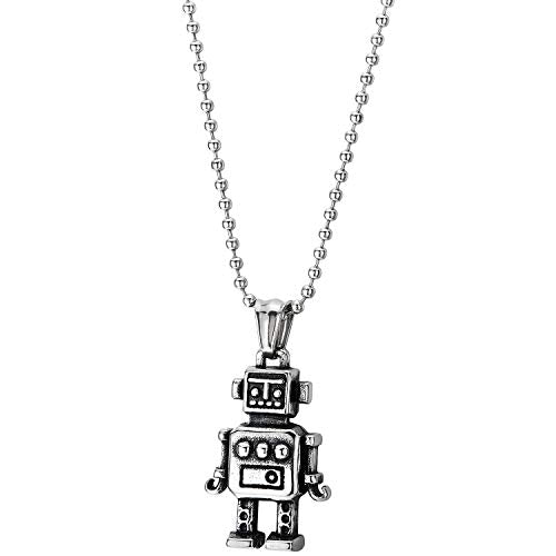 COOLSTEELANDBEYOND Mens Womens Stainless Steel Vintage Robot Pendant Necklace with 30 inches Ball Chain - coolsteelandbeyond