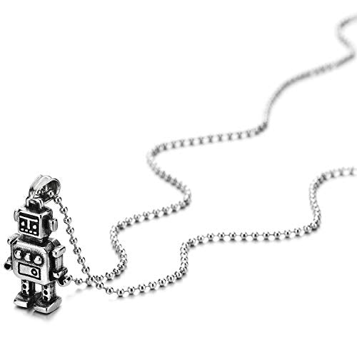 COOLSTEELANDBEYOND Mens Womens Stainless Steel Vintage Robot Pendant Necklace with 30 inches Ball Chain - coolsteelandbeyond