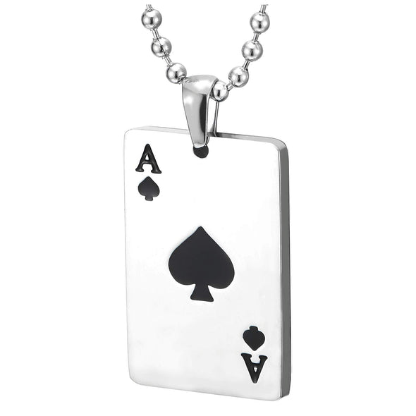 Mens Womens Steel Ace Card Poker Pendant Necklace with Black Enamel, Polished, 23.6 in Ball Chain
