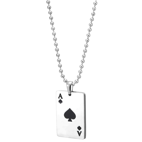 Mens Womens Steel Ace Card Poker Pendant Necklace with Black Enamel, Polished, 23.6 in Ball Chain
