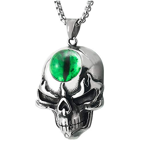 COOLSTEELANDBEYOND Mens Womens Steel Flame Skull Pendant Necklace with Green Resin Bead Evil Eye, 30 in Wheat Chain - coolsteelandbeyond