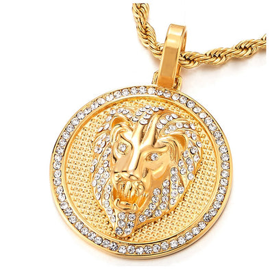 Mens Womens Steel Gold Color Lion Head Circle Pendant Necklace with Cubic Zirconia - COOLSTEELANDBEYOND Jewelry