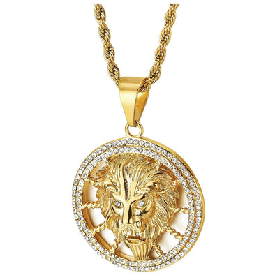 Mens Womens Steel Gold Lion Head Open Circle Pendant Necklace with Cubic Zirconia, 30 in Rope Chain - COOLSTEELANDBEYOND Jewelry