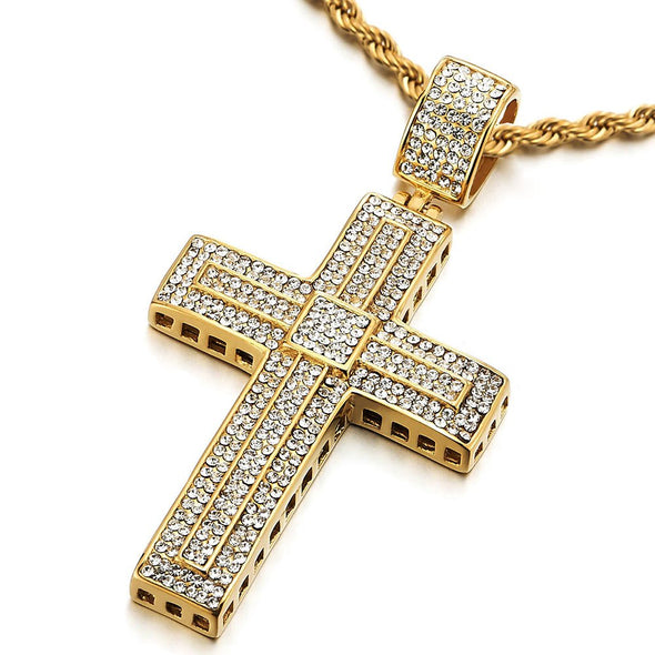 Mens Womens Steel Large Gold Cross Pendant Necklace with Cubic Zirconia and 30 inches Rope Chain - COOLSTEELANDBEYOND Jewelry
