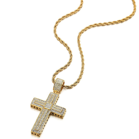 Mens Womens Steel Large Gold Cross Pendant Necklace with Cubic Zirconia and 30 inches Rope Chain - COOLSTEELANDBEYOND Jewelry