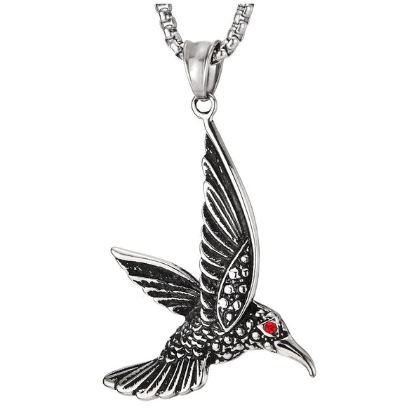 Mens Womens Steel Necklace Flying Hummingbird Pendant with Red Cubic Zirconia Eye, 23.6 inches Chain - COOLSTEELANDBEYOND Jewelry