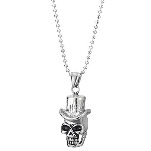 COOLSTEELANDBEYOND Mens Womens Steel Punk Rock Cowboy Skull Pendant Necklace with Black Enamel, 23.6 inches Ball Chain - coolsteelandbeyond
