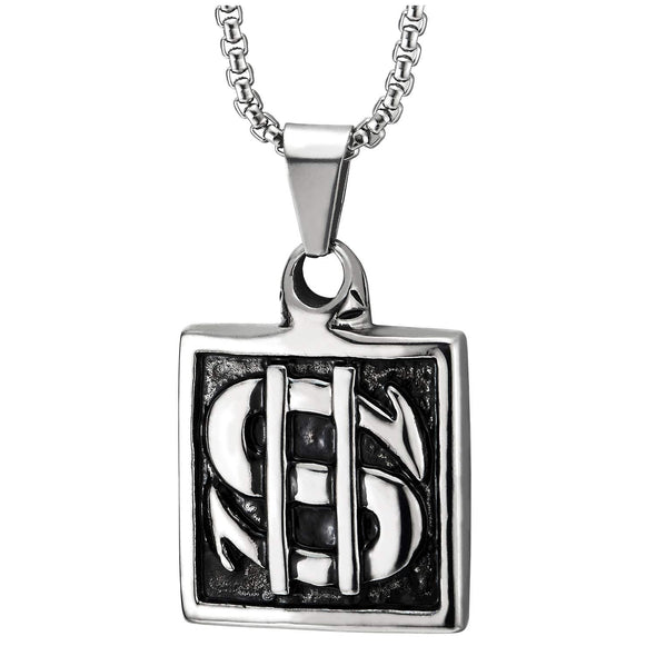 Mens Womens Steel Silver Black US Dollar Money Sign Square Medal Pendant Necklace, 30 in Wheat Chain - COOLSTEELANDBEYOND Jewelry