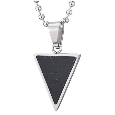 COOLSTEELANDBEYOND Mens Womens Steel Small Inverted Triangle Pendant Necklace with Black Gem Stone, 23.6 in Ball Chain - coolsteelandbeyond
