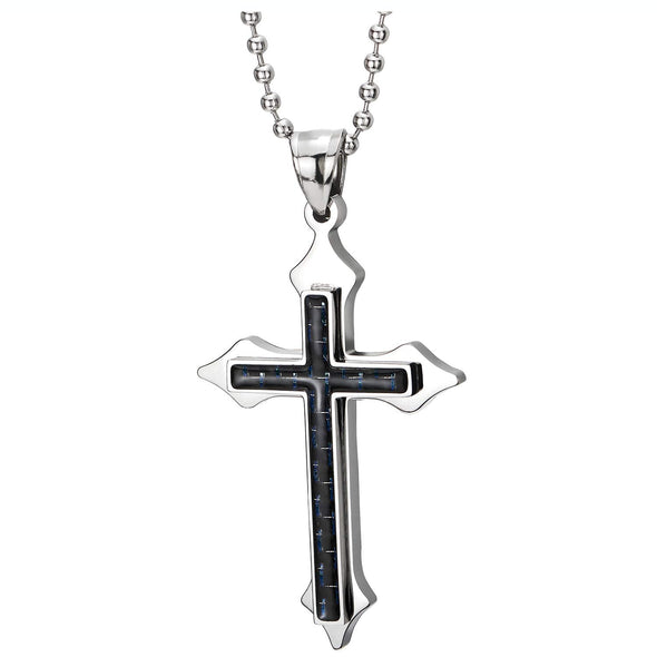 Mens Womens Steel Two-Layered Cross Pendant Necklace with Blue Carbon Fiber, 30 inches Ball Chain - COOLSTEELANDBEYOND Jewelry