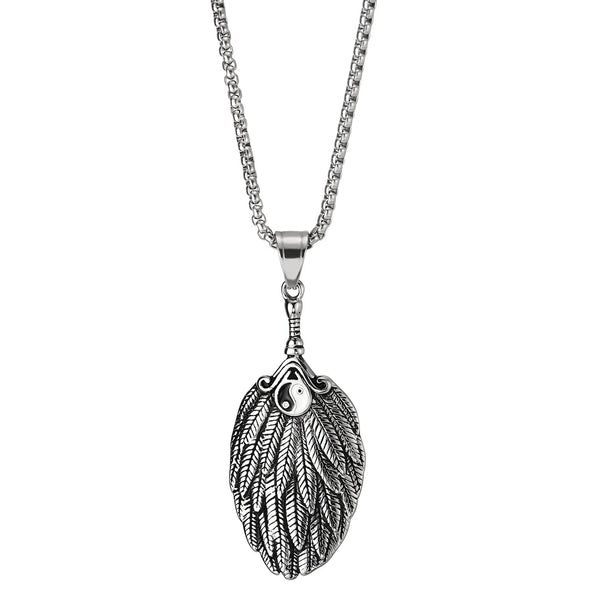 Mens Womens Steel Vintage Feather Angel Wing Pendant Necklace with Black White Enamel Yin-yang - COOLSTEELANDBEYOND Jewelry