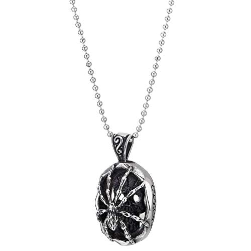 COOLSTEELANDBEYOND Mens Womens Steel Vintage Spider Skull Oval Pendant Necklace, Silver Black, 30 inches Ball Chain - coolsteelandbeyond