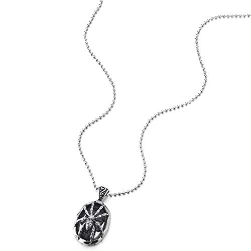 COOLSTEELANDBEYOND Mens Womens Steel Vintage Spider Skull Oval Pendant Necklace, Silver Black, 30 inches Ball Chain - coolsteelandbeyond