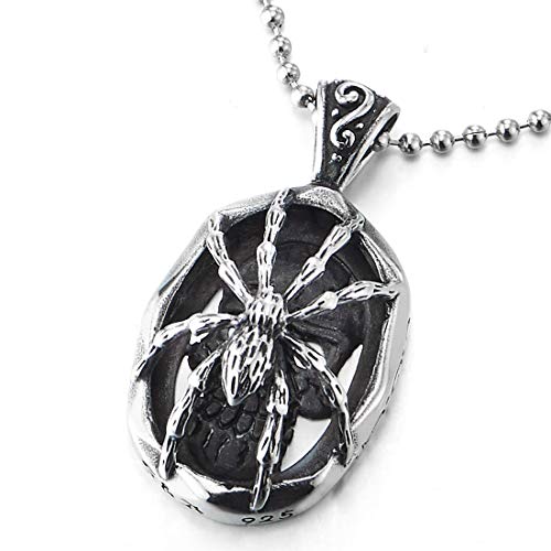 COOLSTEELANDBEYOND Mens Womens Steel Vintage Spider Skull Oval Pendant Necklace, Silver Black, 30 inches Ball Chain - coolsteelandbeyond