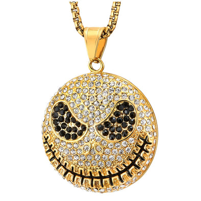 Mens Womens Steel White Black Cubic Zirconia Pave Smiling Monster Dome Pendant Necklace, 27 in Chain - COOLSTEELANDBEYOND Jewelry