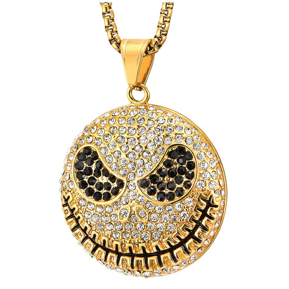 Mens Womens Steel White Black Cubic Zirconia Pave Smiling Monster Dome Pendant Necklace, 27 in Chain - COOLSTEELANDBEYOND Jewelry