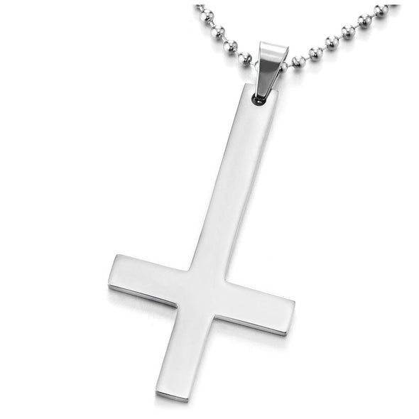 Mens Womens Upside Down Inverted Cross Pendant Necklace Steel with 30 inches Ball Chain, Polished - COOLSTEELANDBEYOND Jewelry