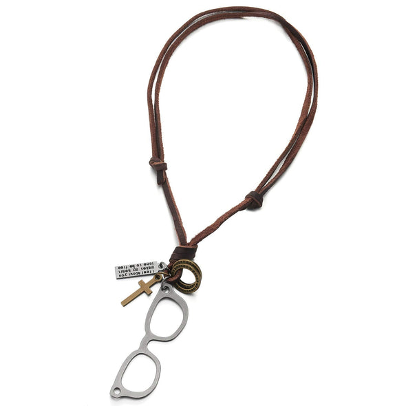 Mens Womens Vintage Cross Glasses Pendant Necklace with Adjustable Brown Leather Cord, Unique - COOLSTEELANDBEYOND Jewelry