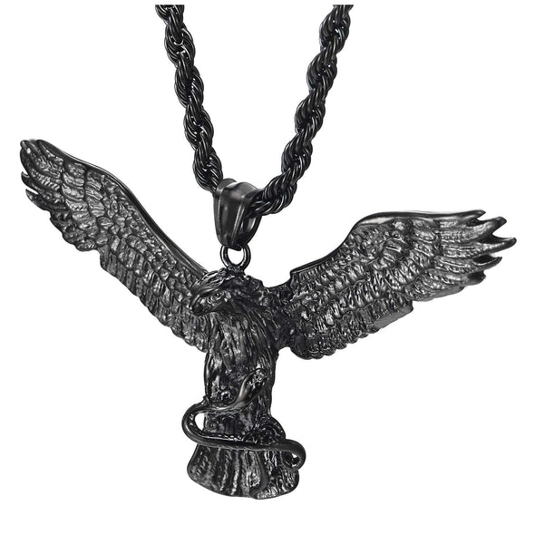 Mens Womens Vintage Flying Eagle Grabbing Snake Pendant Necklace Stainless Steel, 30 in Wheat Chain - COOLSTEELANDBEYOND Jewelry