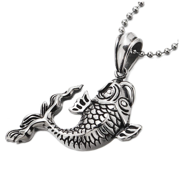 Mens Womens Vintage Lucky Goldfish Pendant Necklace Stainless Steel with 30 in Ball Chain, Unique - COOLSTEELANDBEYOND Jewelry