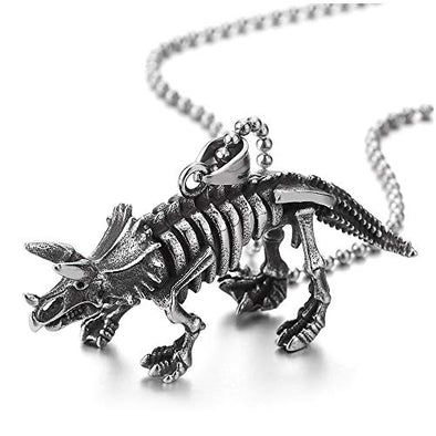 Mens Womens Vintage Steel Triceratops Dinosaurs Skeleton Pendant Necklace, 30 inch Ball Chain - COOLSTEELANDBEYOND Jewelry
