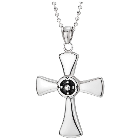 Minimalist Mens Women Steel Polished Cross Pendant Necklace with Sun Cross Wheel, 30 in Ball Chain - COOLSTEELANDBEYOND Jewelry