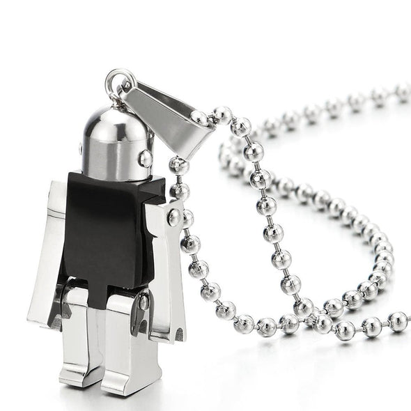 Moving Robot Pendant Necklace for Men Women Stainless Steel Black Silver with 23.6 in Ball Chain