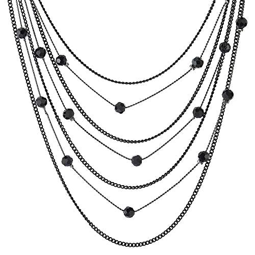 COOLSTEELANDBEYOND Multi-Strand Long Chain Grey Black Waterfall Statement Necklace Black Crystal Beads Pendant - coolsteelandbeyond