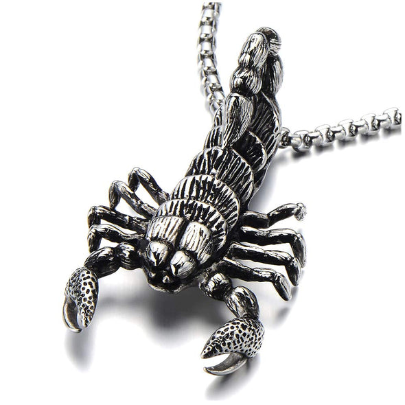 COOLSTEELANDBEYOND New Extra Large Mens Scorpion Pendant Necklace Stainless Steel Gothic Style with 30 in Wheat Chain - coolsteelandbeyond