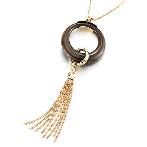COOLSTEELANDBEYOND New Gold Statement Necklace Long Chain Y-Shape with Resin Open Circle Charm Pendant and Tassel, Prom - coolsteelandbeyond