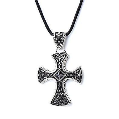 New Stainless Steel Gothic Celtic Cross Pendant Necklace with Cz Accent 22.8 Inches Black Silicone Cord - COOLSTEELANDBEYOND Jewelry