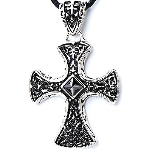 New Stainless Steel Gothic Celtic Cross Pendant Necklace with Cz Accent 22.8 Inches Black Silicone Cord - COOLSTEELANDBEYOND Jewelry