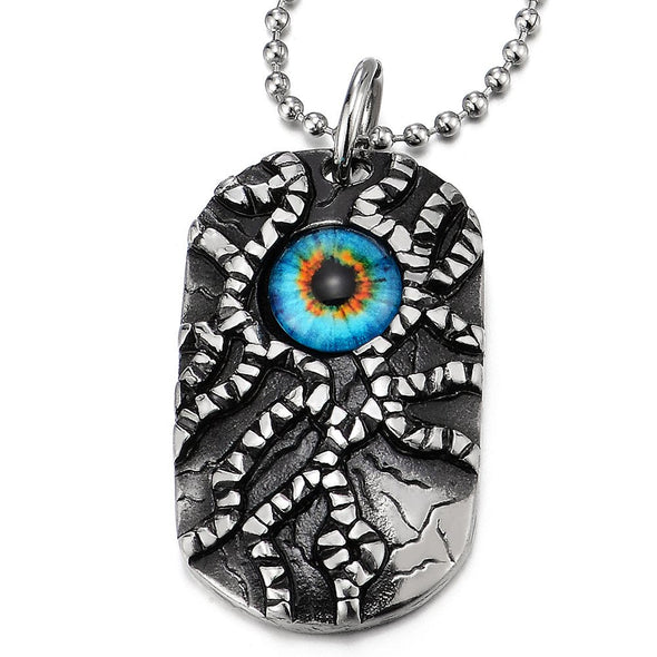 COOLSTEELANDBEYOND Protection Evil Eye Dog Tag Pendant Necklace for Men Women Steel Silver Black with 30 in Ball Chain - coolsteelandbeyond