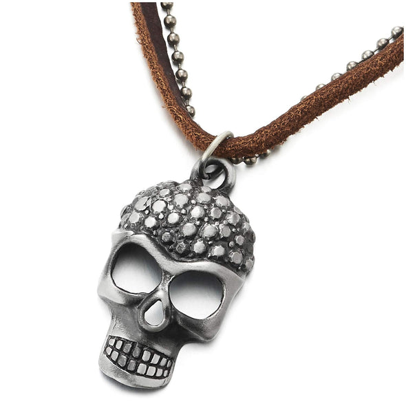 Punk Rock Mens Women Vintage Dotted Skull Pendant Necklace, Two-Row Brown Leather Cord Ball Chain