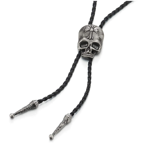 Punk Rock Vintage Cross Skull Bolo Tie Necktie, Lariat Rodeo Long Y Necklace, Black Braided Leather - COOLSTEELANDBEYOND Jewelry