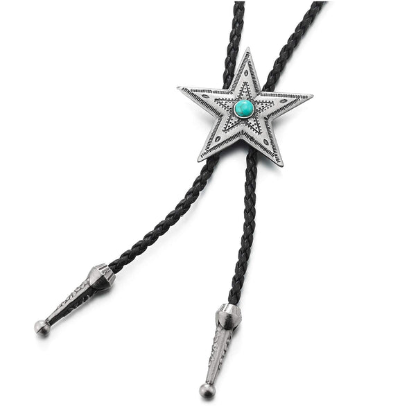 Punk Star Bolo Tie Necktie with Turquoise, Lariat Necklace, Braided Leather Rodeo Long Y Necklace - COOLSTEELANDBEYOND Jewelry