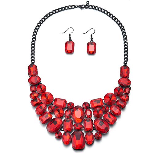 COOLSTEELANDBEYOND Red Bubble Crystal Cluster Black Chain Bib Choker Collar Statement Pendant Necklace Earrings Set - coolsteelandbeyond