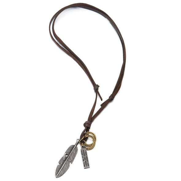 Retro Style Aged Silver Feather Pendant with Adjustable Brown Leather Cord Necklace Unisex Men Women - COOLSTEELANDBEYOND Jewelry