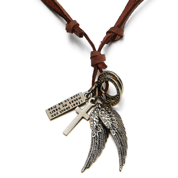 Retro Style Angel Wings and Cross Pendant Necklace for Mens Womens Adjustable Brown Leather Cord - COOLSTEELANDBEYOND Jewelry