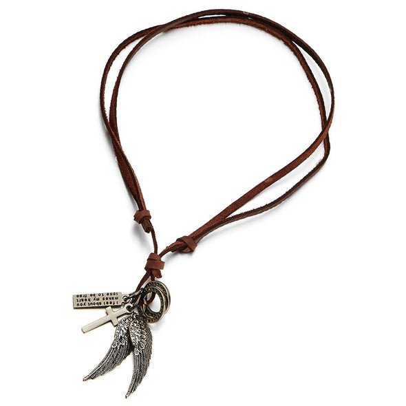 Retro Style Angel Wings and Cross Pendant Necklace for Mens Womens Adjustable Brown Leather Cord - COOLSTEELANDBEYOND Jewelry