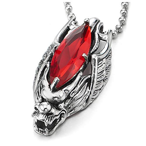 COOLSTEELANDBEYOND Retro Style Men Steel Vintage Dragon Head Wing Pendant Necklace with Red Marquise Crystal - coolsteelandbeyond