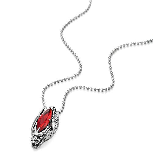 COOLSTEELANDBEYOND Retro Style Men Steel Vintage Dragon Head Wing Pendant Necklace with Red Marquise Crystal - coolsteelandbeyond