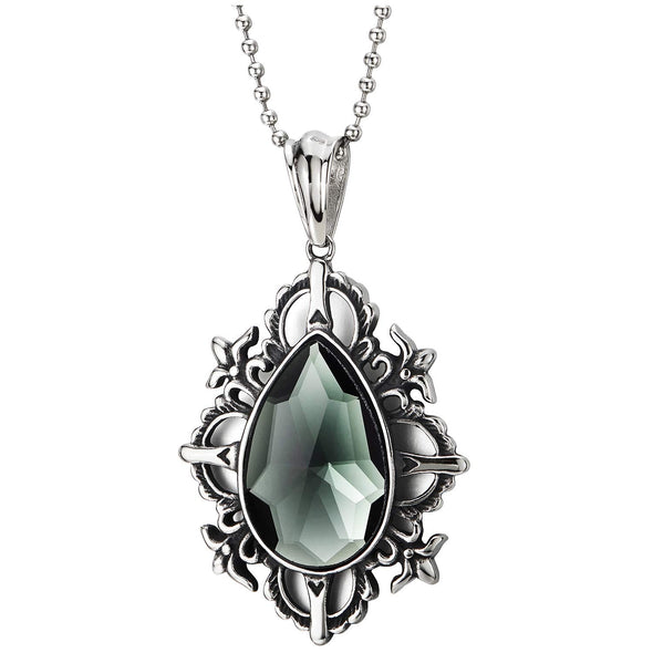 Retro Style Men Women Teardrop Faceted Grey Crystal Vintage Tribal Pattern Pendant Necklace in Steel - COOLSTEELANDBEYOND Jewelry