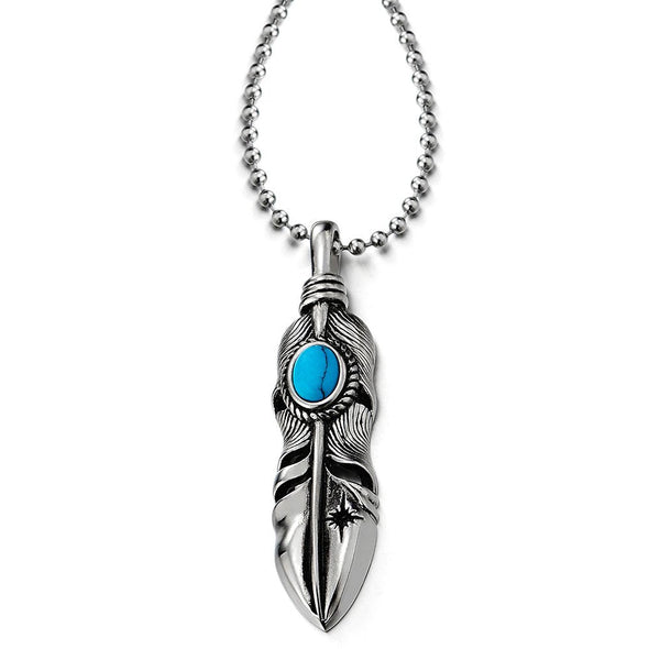 Retro Style Mens Womens Stainless Steel Feather Pendant Necklace with Turquoise, 23.6 inches Chain