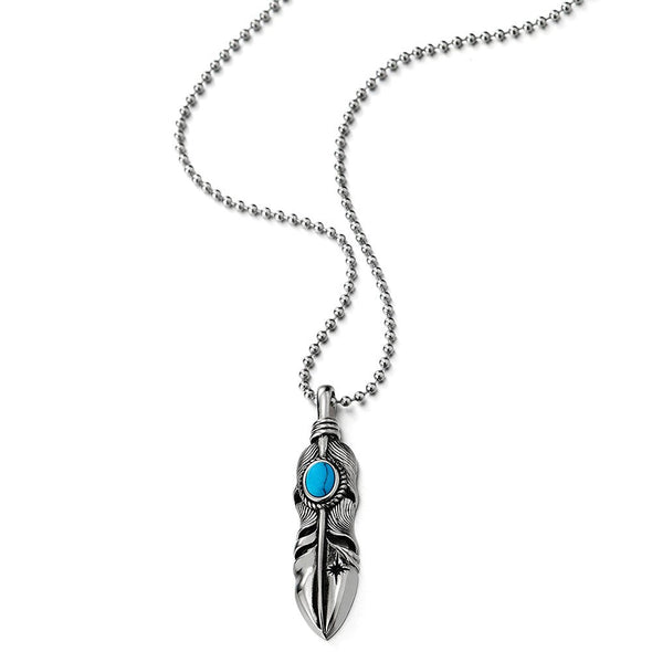 Retro Style Mens Womens Stainless Steel Feather Pendant Necklace with Turquoise, 23.6 inches Chain
